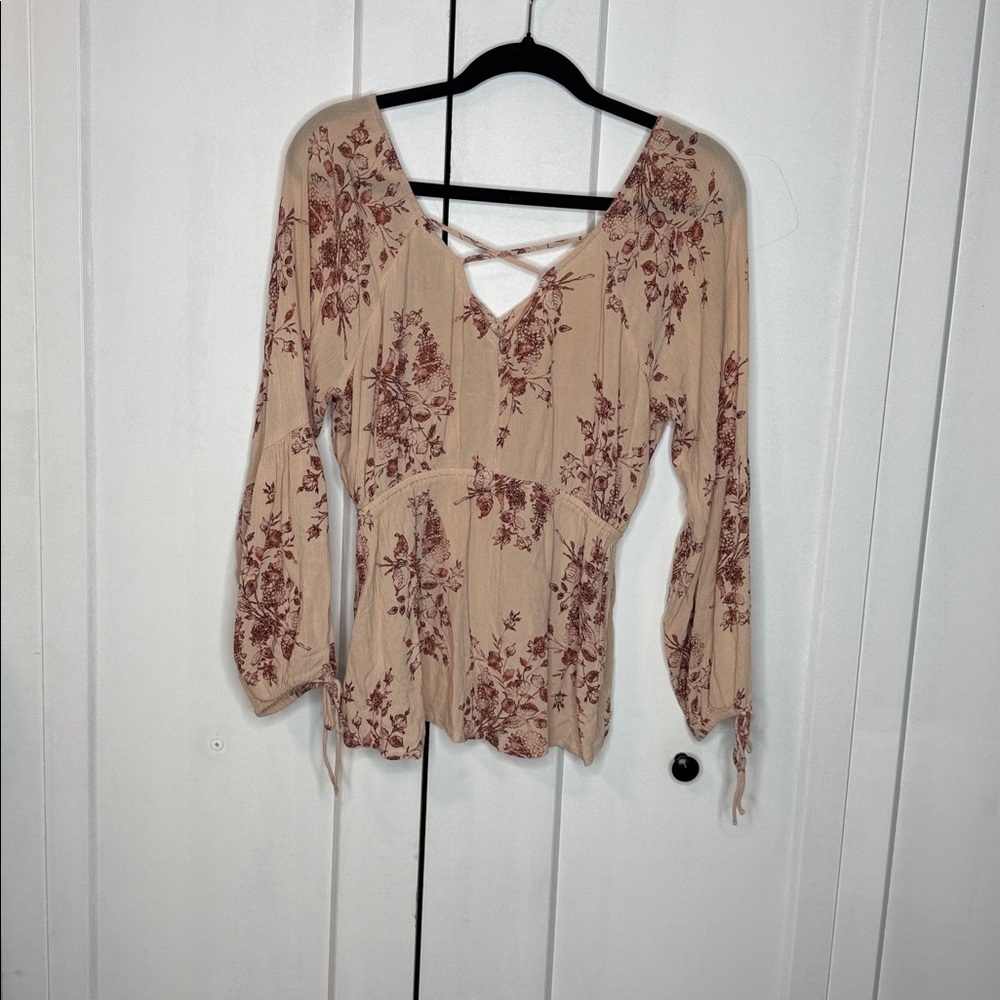 American Rag Medium Beige Peach Pink Merlot Floral Long Sleeve Blouse Top - Picture 3 of 3